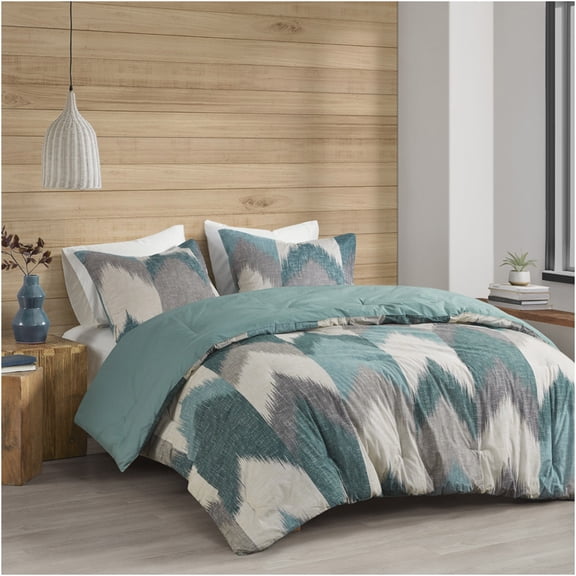 JERFIT Aqua King Size Comforter Set with Shams, Hypoallergenic & Antimicrobial Bedding, OEKO-TEX Certified Chevron Design, 3-Piece Polyester Microfiber Bed Set for Cal King