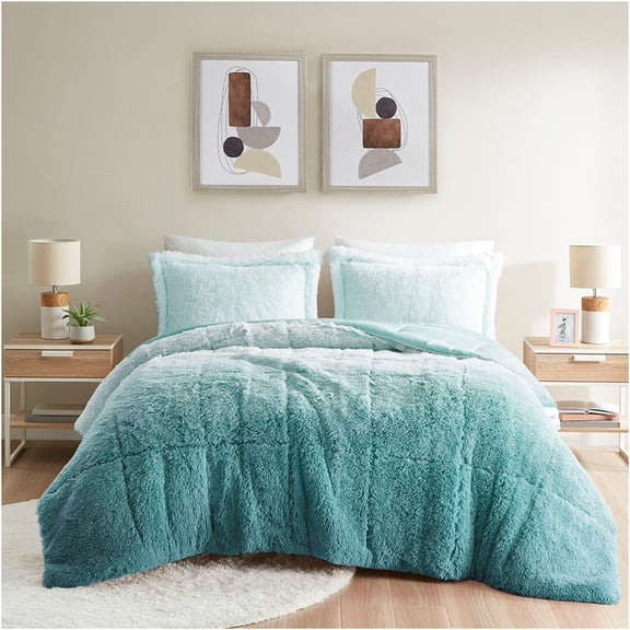 JERFIT Aqua Ombre Faux Fur Comforter Set Full Queen, Plush Shaggy Bedding Set with 2 Pillow Shams, Hypoallergenic & Machine Washable