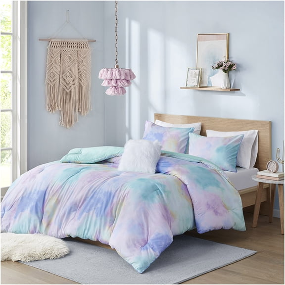 JERFIT Aqua Watercolor Tie-Dye Comforter Set, Twin/Twin XL Bedding with Fur Pillow, Hypoallergenic & OEKO-TEX Certified Polyester