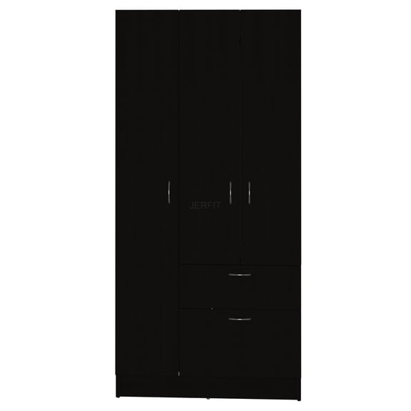 JERFIT Armoire with Hanging Rod, 2-Door Wardrobe Closet with Pull-Down Door and Drawer, Freestanding Storage Cabinet for Bedroom, White and Black Finish