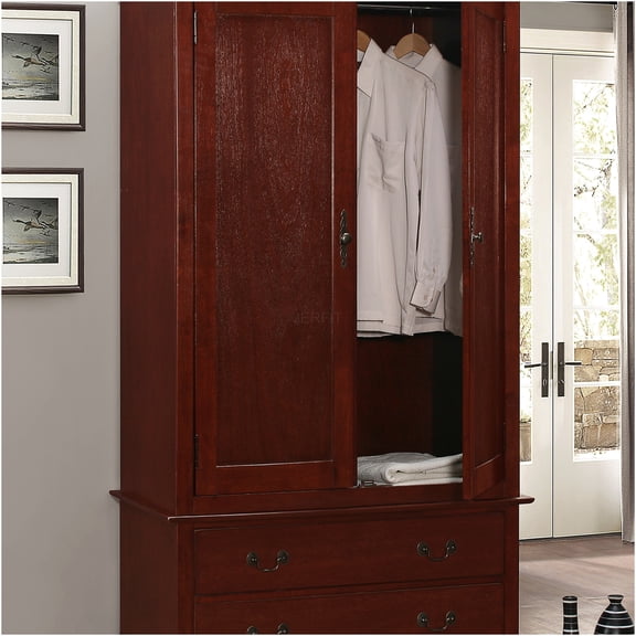 JERFIT Armoire for Bedroom, Cherry Finish Wood Wardrobe Closet with Double Doors, Traditional Storage Cabinet