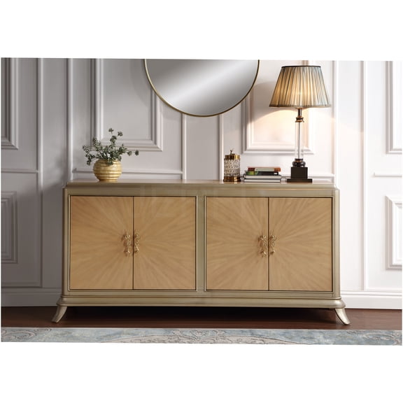 JERFIT Art Deco Console Table with Sunburst Doors, 34" Storage Cabinet with 4 Doors & 2 Shelves, Champagne & Oak Finish Hallway Entryway Sofa Table