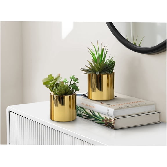 JERFIT Artificial Succulent Plants in Gold Pots, Set of 2 Small Fake Plants for Indoor Home Desk Decor, Low Maintenance Faux Potted Greenery for Tabletop, Shelf, Office