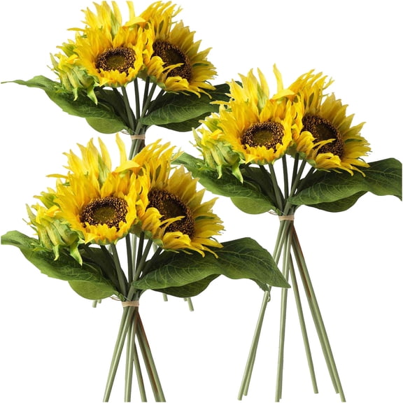 JERFIT Artificial Sunflower Stems, 3 Pack 15" Real Touch Fake Flowers for Home Decor, Fall Centerpiece Arrangements, Bright Yellow Polyester Bouquet