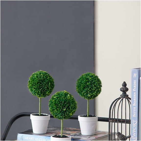 JERFIT Artificial Topiary Tree Set of 3, Mini Potted Faux Boxwood Plants in Cream Planter for Indoor Home Table Centerpiece Decor, Green