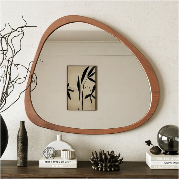 JERFIT Asymmetrical Wall Mirror 45 Inch, Solid Wood Framed Dressing Mirror for Living Room Bedroom Bathroom Entryway, Natural Wood Finish