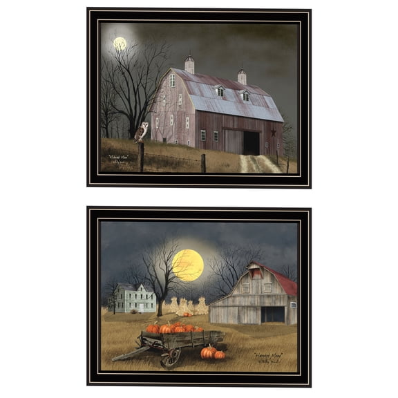 JERFIT Autumn Moonlit Nights Framed Wall Art Set, 2-Panel Black Frame Multicolor Fall Forest Landscape Print on Wood & Paper, Ready to Hang Home Decor for Living Room, Bedroom