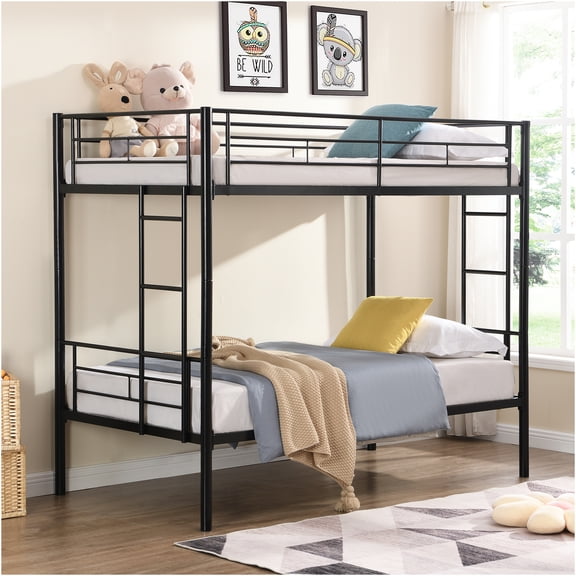 JERFIT Metal Bunk Bed Frame Twin over Twin, Black Steel Bunkbed with Stairs, No Box Spring Needed, Space Saving Design for Bedroom