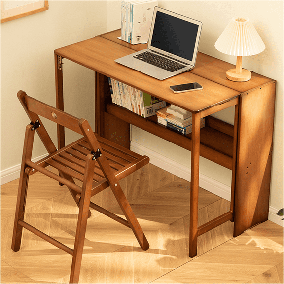 JERFIT Bamboo Folding Desk with Storage Shelf, Walnut Foldable Study Table for Small Spaces, Space Saving Computer Desk for Home Office, Bedroom, Dorm, Apartment