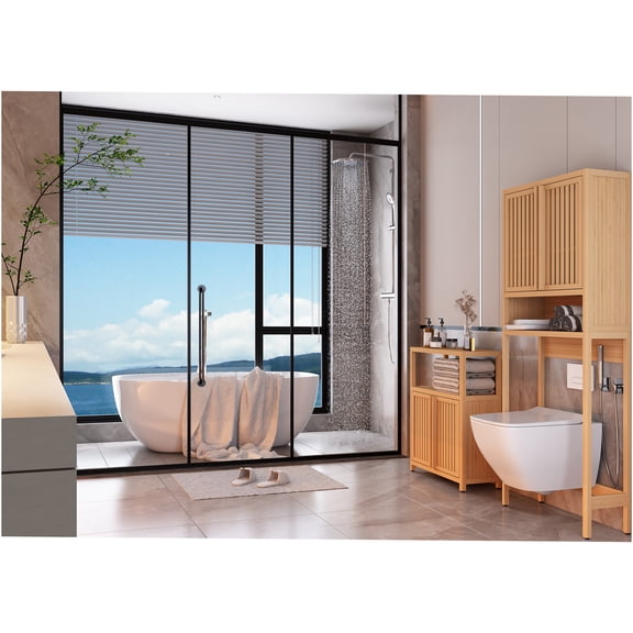 JERFIT Bamboo Storage Cabinet with Doors, 4-Tier Freestanding Organizer Shelf for Bathroom, Kitchen, Living Room, Hallway in Natural Finish