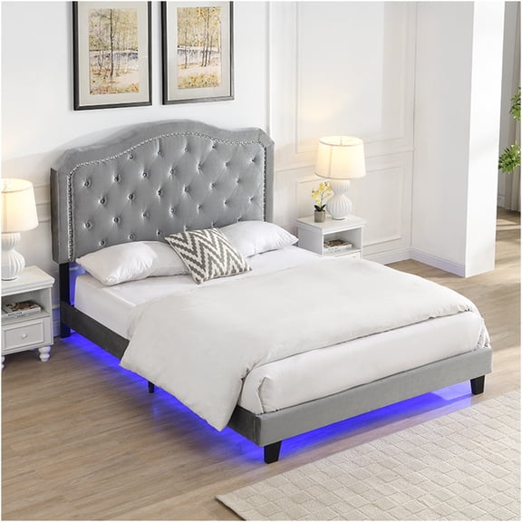 JERFIT Bed Button Tufted with Curve Design - Strong Wood Slat Support - Easy Assembly - Light Grey