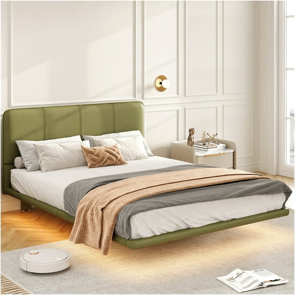 JERFIT Modern Floating Platform Bed Frame with LED Lights, Full Size, Green PU Leather, No Box Spring Needed, Easy Assembly