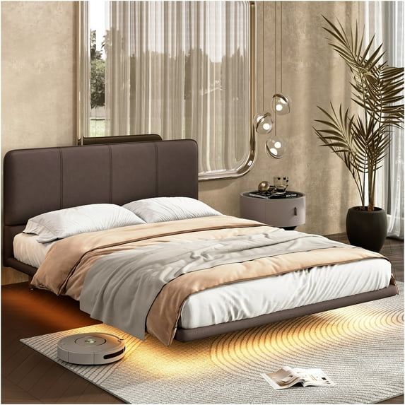 JERFIT Full Size Floating LED Platform Bed with Remote, Modern PU Leather Upholstery, No Box Spring Needed, Easy Assembly, Coffee