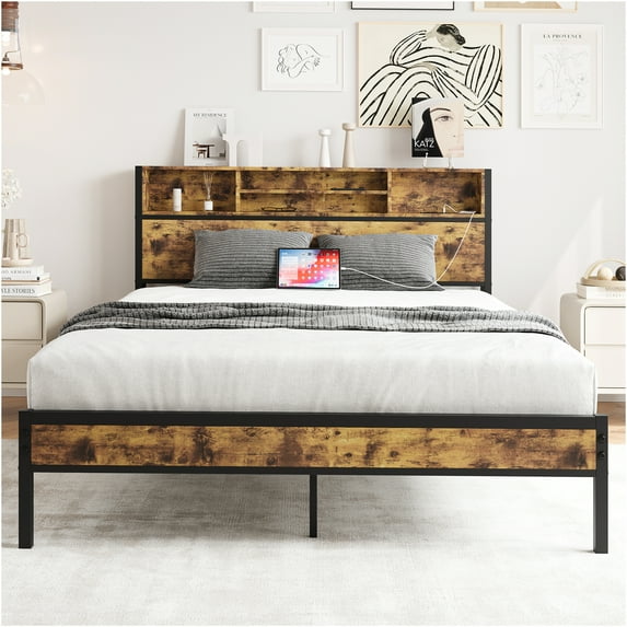 JERFIT Queen Size Bed Frame with Storage Headboard, USB Charging Station, Industrial Metal Platform Bed, No Box Spring Required, Black