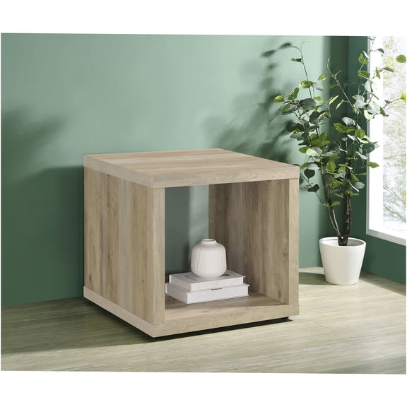 JERFIT Beige Distressed Wood End Table, 23.5" Square Nightstand with Rustic Farmhouse Finish for Living Room, Bedroom