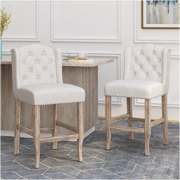 JERFIT Beige Fabric Counter Stools Set of 2, Wingback Bar Stools with Tufted Back and Nailhead Trim for Kitchen Island, Dining Room