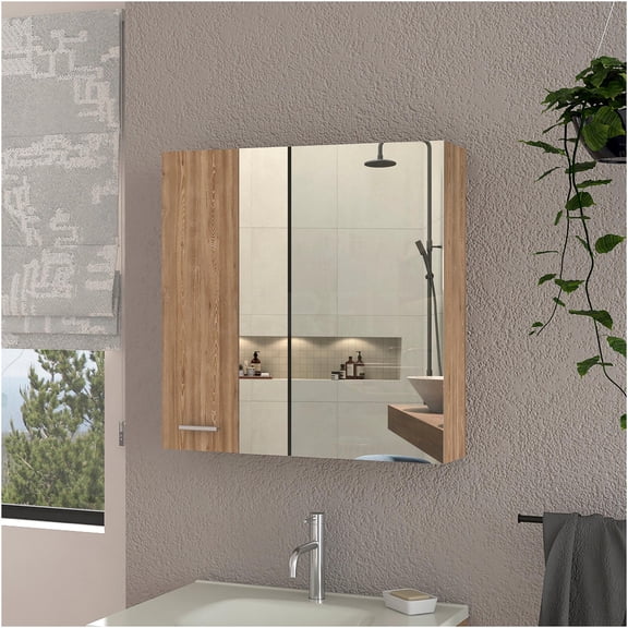 JERFIT Beige Modern Bathroom Medicine Cabinet with Mirror & Double Doors - 4 Adjustable Shelves, Moisture-Resistant Engineered Wood