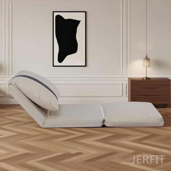 JERFIT Beige Modern Floor Sofa Bed Human Dog Bed for Adult & Pets  6-Position Adjustable, 5-Second Foldable, Corduroy Upholstered Bean Bag Base & Pillow  Space-Saving for Small Spaces