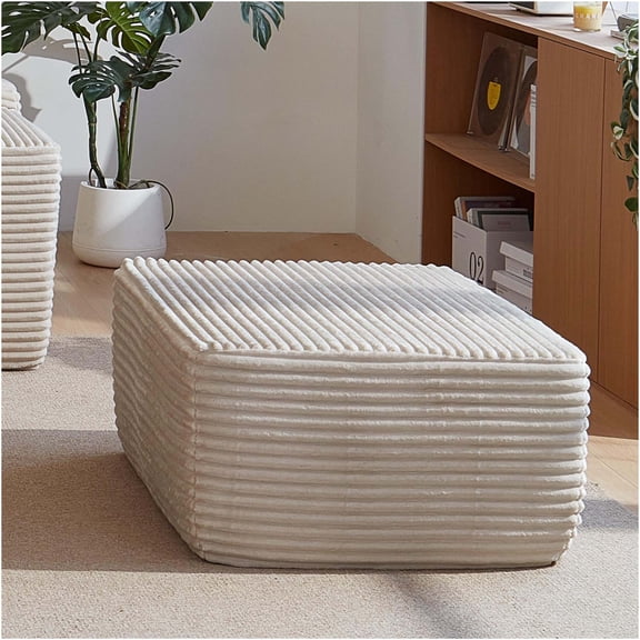JERFIT Beige Ottoman with Storage, Plush Fabric Upholstered Footstool Pouf for Living Room, Foam and Spring Cushion