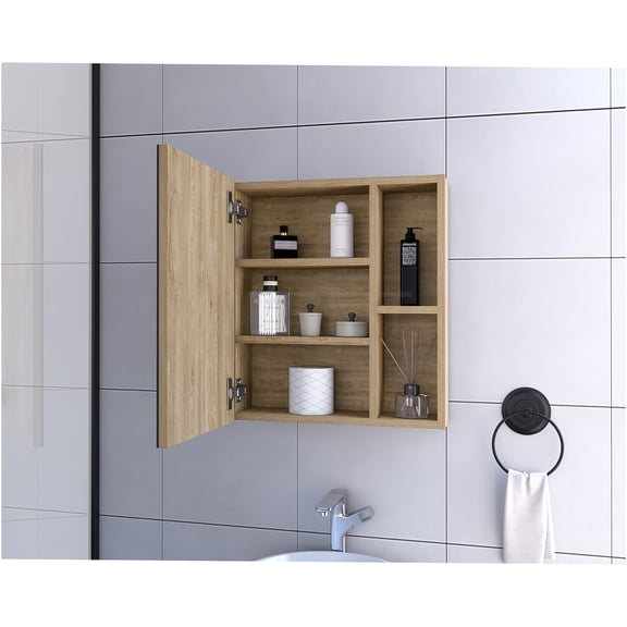 JERFIT Beige Recessed Medicine Cabinet with Mirror Door & 5 Adjustable Shelves, Wall Mount Bathroom Storage for Bathroom Organization