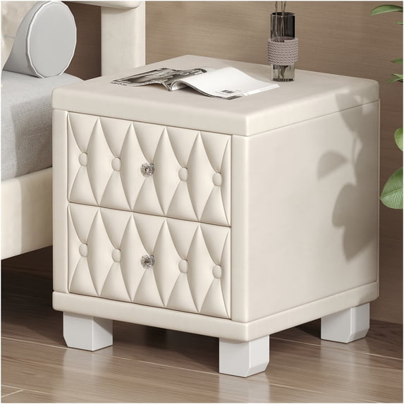 JERFIT Beige Velvet Nightstand with Crystal Knobs, 2-Drawer Button Tufted Bedside Table for Bedroom Storage