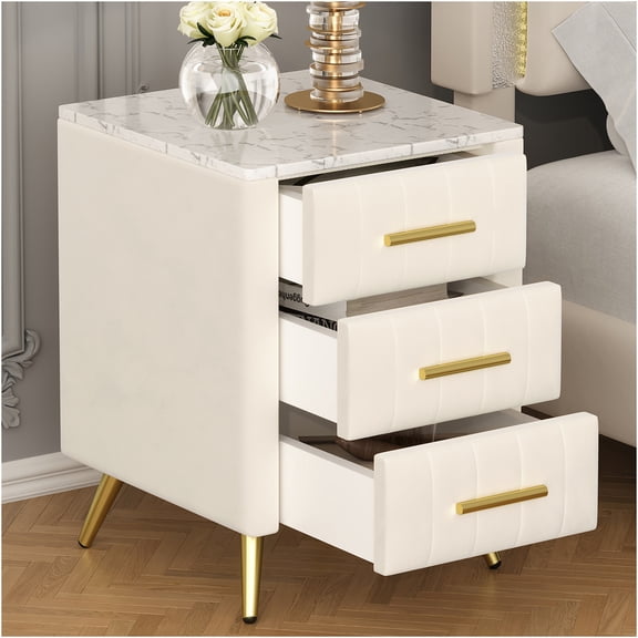 JERFIT Beige Velvet Upholstered Nightstand with 3 Drawers, Marble Top Bedside Table with Metal Legs