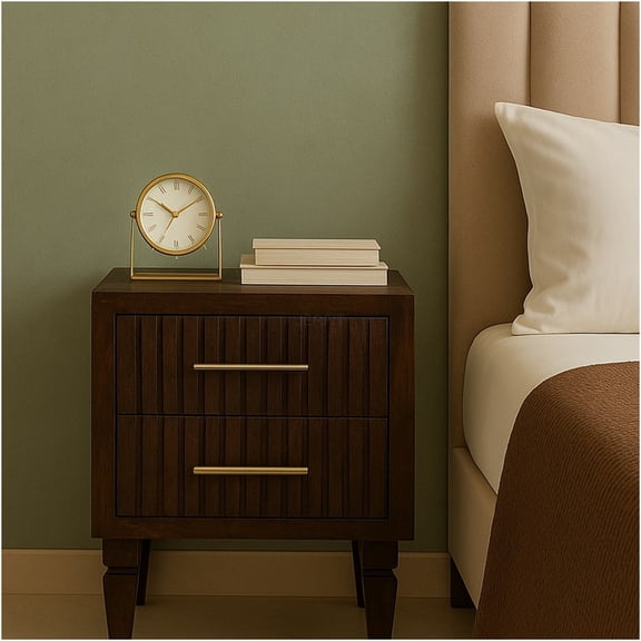 JERFIT Belmont Solid Wood Nightstand with 2 Drawers, Bedside Table with Brass Handles and Fluted Fronts, Vintage Bedroom Furniture in Mocha Brown Finish