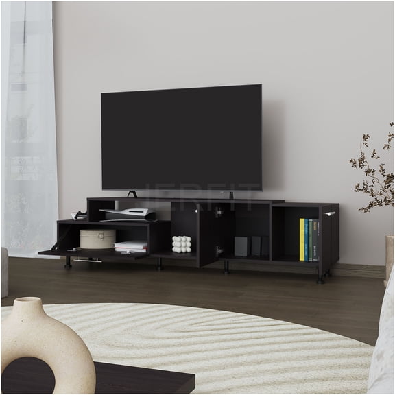 JERFIT Benedict 63 inch Modern TV Stand for TVs up to 65 inches with Storage Cabinet & Shelves, Engineered Wood Entertainment Center, Black