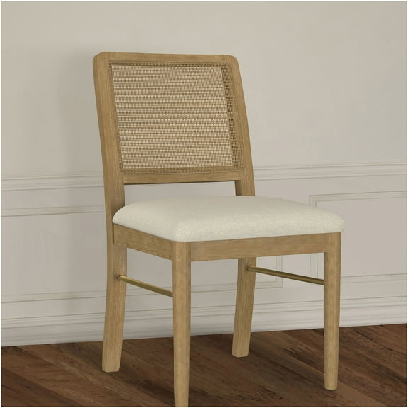 JERFIT Benson 2-Piece Sand Wash Wood Dining Chairs with Handwoven Cane Back and Cream Linen-Like Upholstered Seat for Kitchen, Dining Room, Coastal Decor