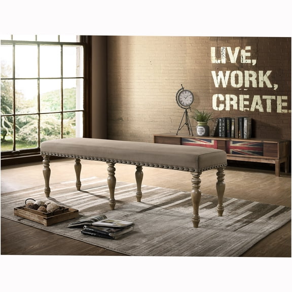 JERFIT Birmingham Microfiber Upholstered Bench with Nail Head Trim in Driftwood Finish