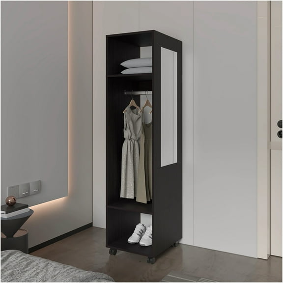 JERFIT Black 3 Tier Rolling Wardrobe Closet with Full Length Mirror, Open Storage Organizer for Bedroom