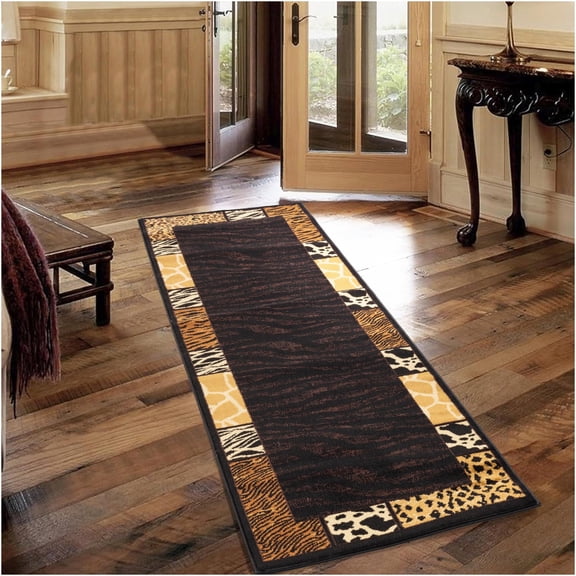 JERFIT Black Animal Print Area Rug 2.6x7.3 ft, Non-Shedding Stain Resistant Runner Rug for High Traffic Areas, Faux Cowhide Leopard Print Carpet for Farmhouse Lodge Home Decor
