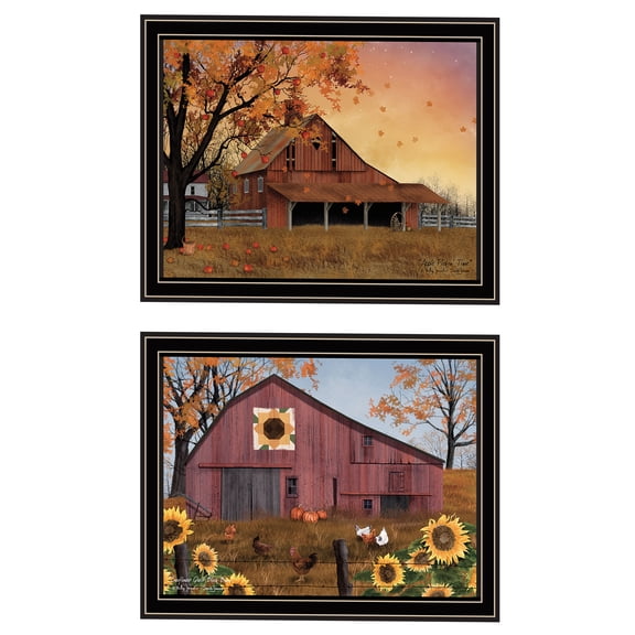 JERFIT Black Framed Wall Art Set, 2-Piece Farmhouse Sunflower and Apple Picking Print on Wood, Ready to Hang Country Decor for Living Room, Bedroom, Kitchen