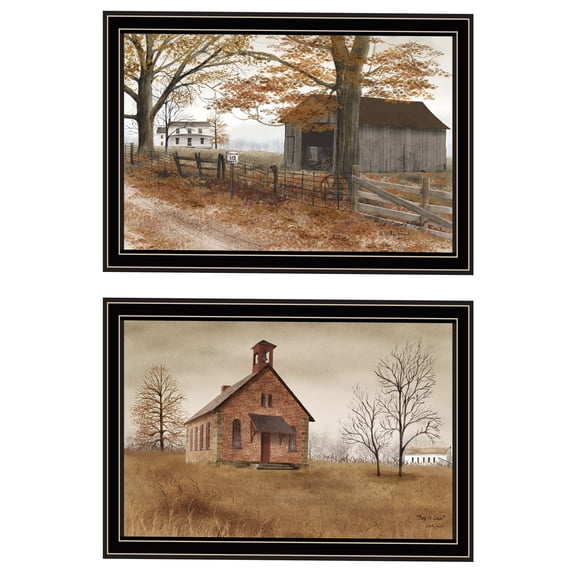 JERFIT Black Framed Wall Art Set of 2, Country Road Landscape Canvas Prints for Living Room Bedroom Decor, Ready to Hang Wood Frame Multicolor