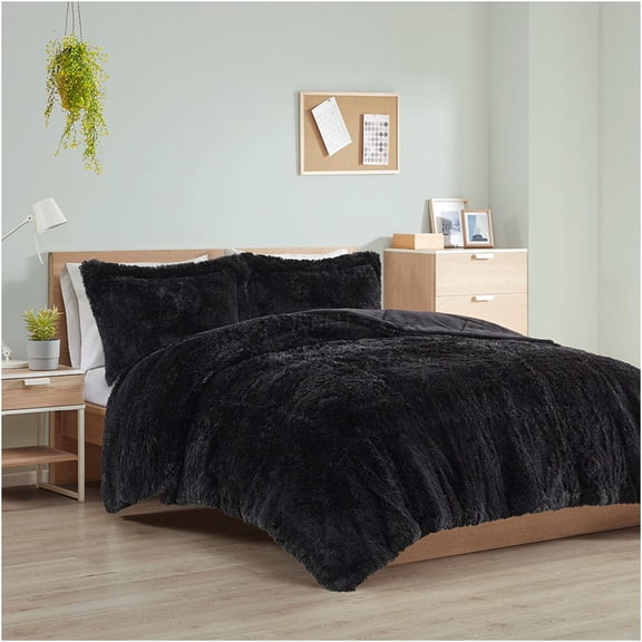 JERFIT Black Full Queen Shaggy Faux Fur Comforter Set with 2 Pillow Shams, Plush Long Hair Bedding, Hypoallergenic & OEKO-TEX Certified