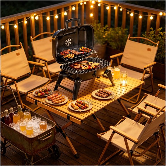 JERFIT Black Iron and Plastic Compact Charcoal Grill for Backyard Picnic and Camping Use