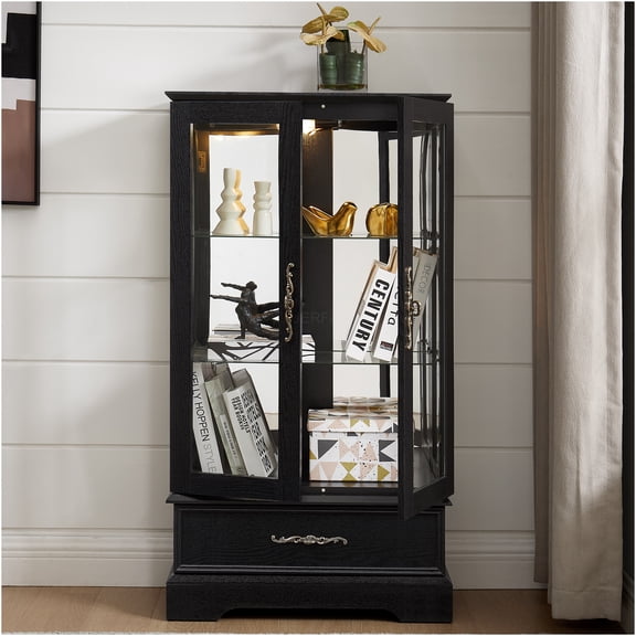 JERFIT Black Lighted Curio Cabinet with Adjustable Glass Shelves, 2 Door Display Case with Built-in LED, Drawer & Wall Mount Security for Collectibles