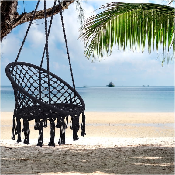 JERFIT Black Macrame Hanging Chair Swing for Indoor Outdoor, 330LBS Capacity Bohemian Cotton Rope Hammock Seat with Metal Hoop for Patio Garden Bedroom