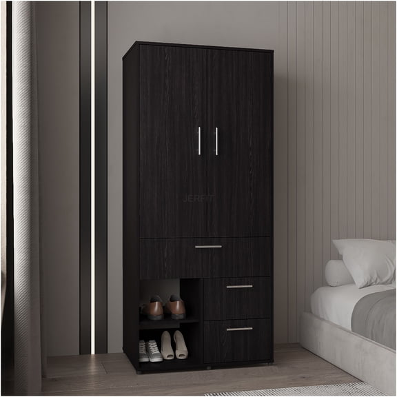 JERFIT Black Modern Armoire Wardrobe with Double Doors, Shelves & Hanging Rod for Bedroom Closet Storage