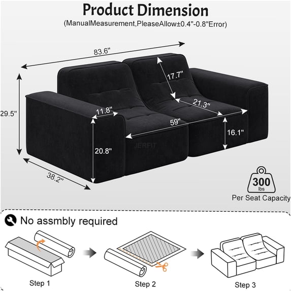 JERFIT Black Sparkling Chenille Fabric Modular Sectional Sofa, 3-Seater Tufted Couch with Deep Seat for Living Room, Apartment, No Assembly Required