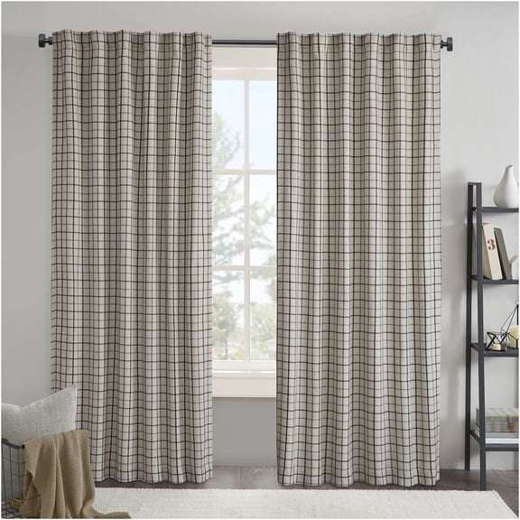JERFIT Black Thermal Insulated Curtain Panel for Winter, 50x108 Inch Plaid Fleece Lining Blackout Curtain with Rod Pocket & Back Tabs, 1 Panel, Polyester, Light Filtering & Privacy