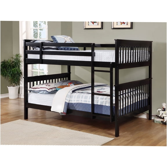 JERFIT Full over Full Bunk Bed with Headboard, Black Wood Frame, Convertible into Two Separate Beds, Space Saving Design for Home, Dorm, Guest Room
