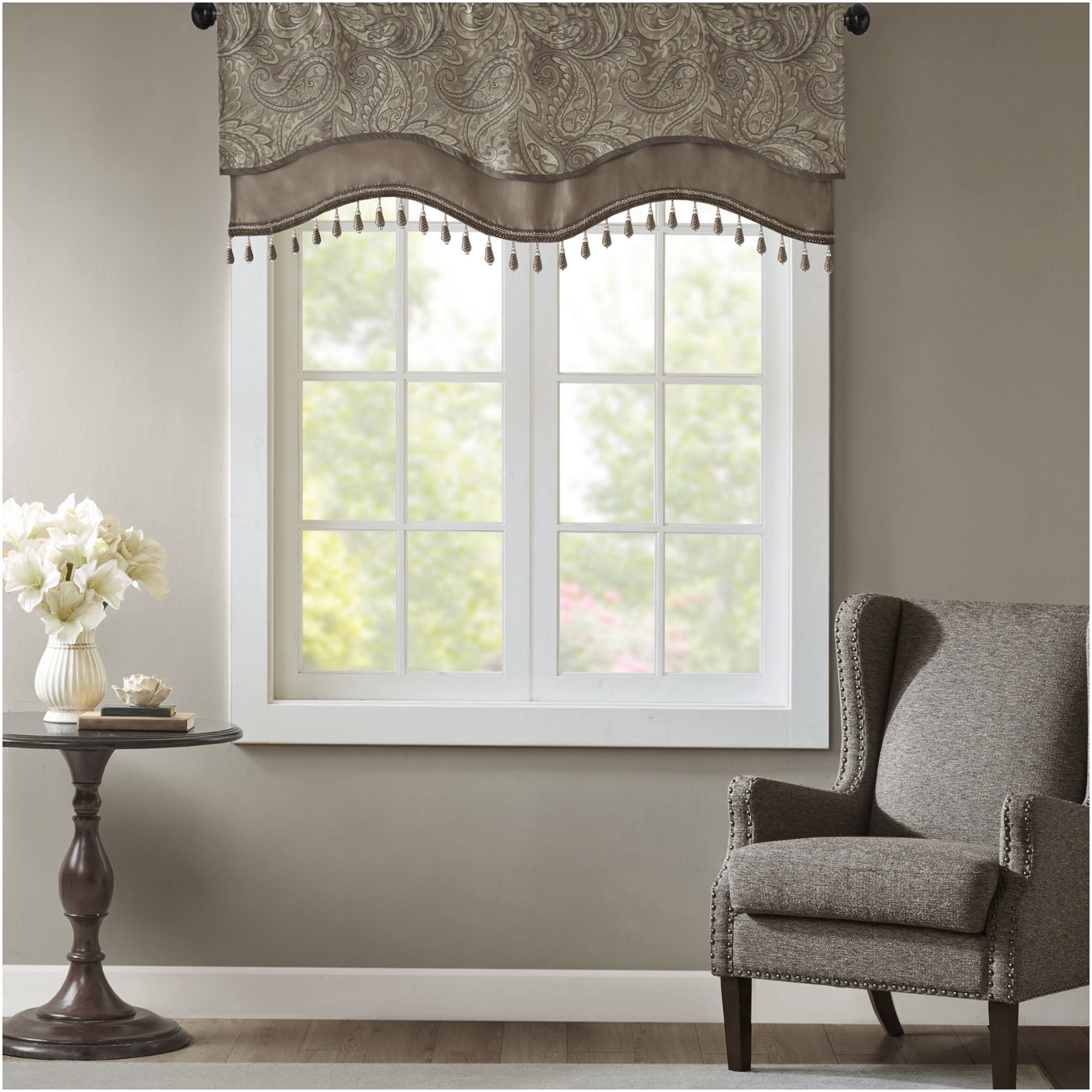 JERFIT Blue Brown Jacquard Valance with Beaded Trim, Paisley Window Curtain Valance, Rod Pocket Treatment for Kitchen Living Room, 50 x 18 Inch