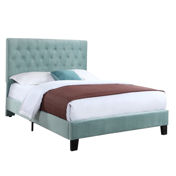 JERFIT Blue California King Upholstered Bed Frame with Foam Padding, Fabric Platform Bed, Modern Transitional Style
