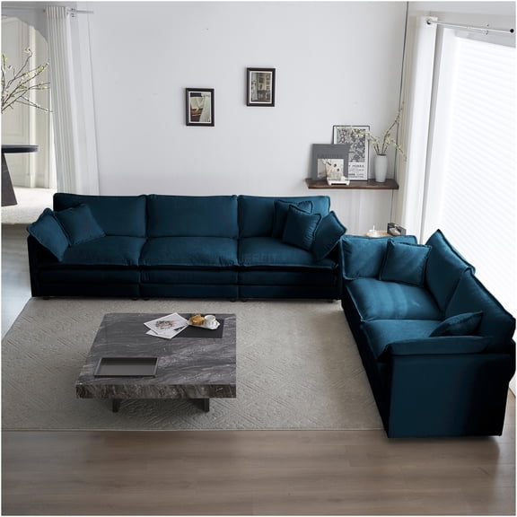 JERFIT Blue Chenille Sofa Set, 2 and 3 Seater Couch Set for Living Room, Modern Deep Seat Upholstered Sectional Sofa, Home Theater Seating, Easy Assembly