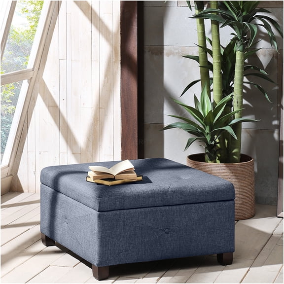JERFIT Blue Fabric Storage Ottoman Bench with Soft-Close Lid, Button Tufted Upholstered Seat Top and Solid Wood Legs for Living Room, Bedroom
