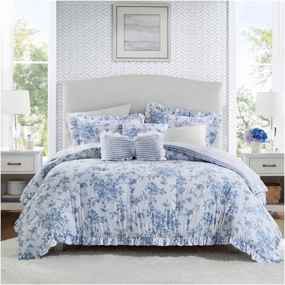 JERFIT Blue Floral Reversible Comforter Set for Queen Full Bed, 5-Piece with Ruffled Pillows, Shabby Chic Bedding, Microfiber