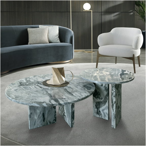 JERFIT Blue Grey Natural Marble Coffee Table Set with Metal Base, Modern Living Room Accent Tables, Polished Stone Top, 2-Piece Nesting Set