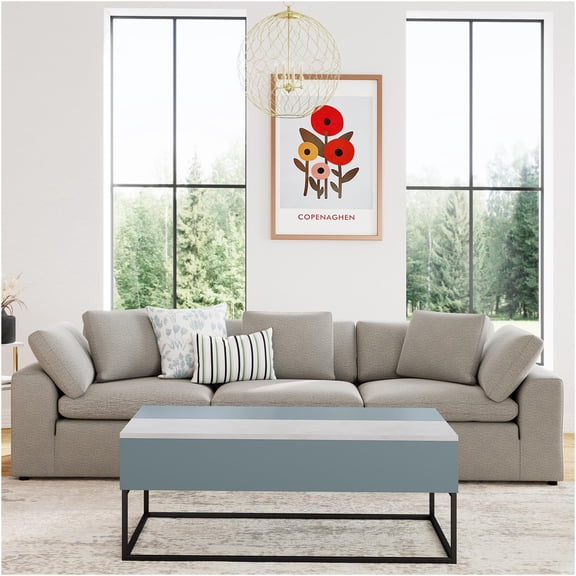 JERFIT Blue Lift Top Coffee Table with Storage, Granite Composite Lift-Top Sofa Table with Black Metal Base for Living Room