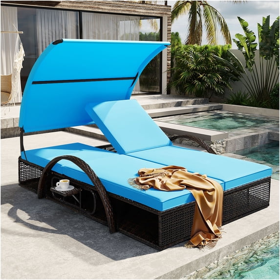 JERFIT Blue Outdoor HDPE Steel Frame Double Sun Lounger with Adjustable ...